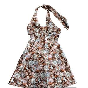 80s Inspired Retro Groovy Mini Cut Out Halter Dress Boutique Floral  Sexy